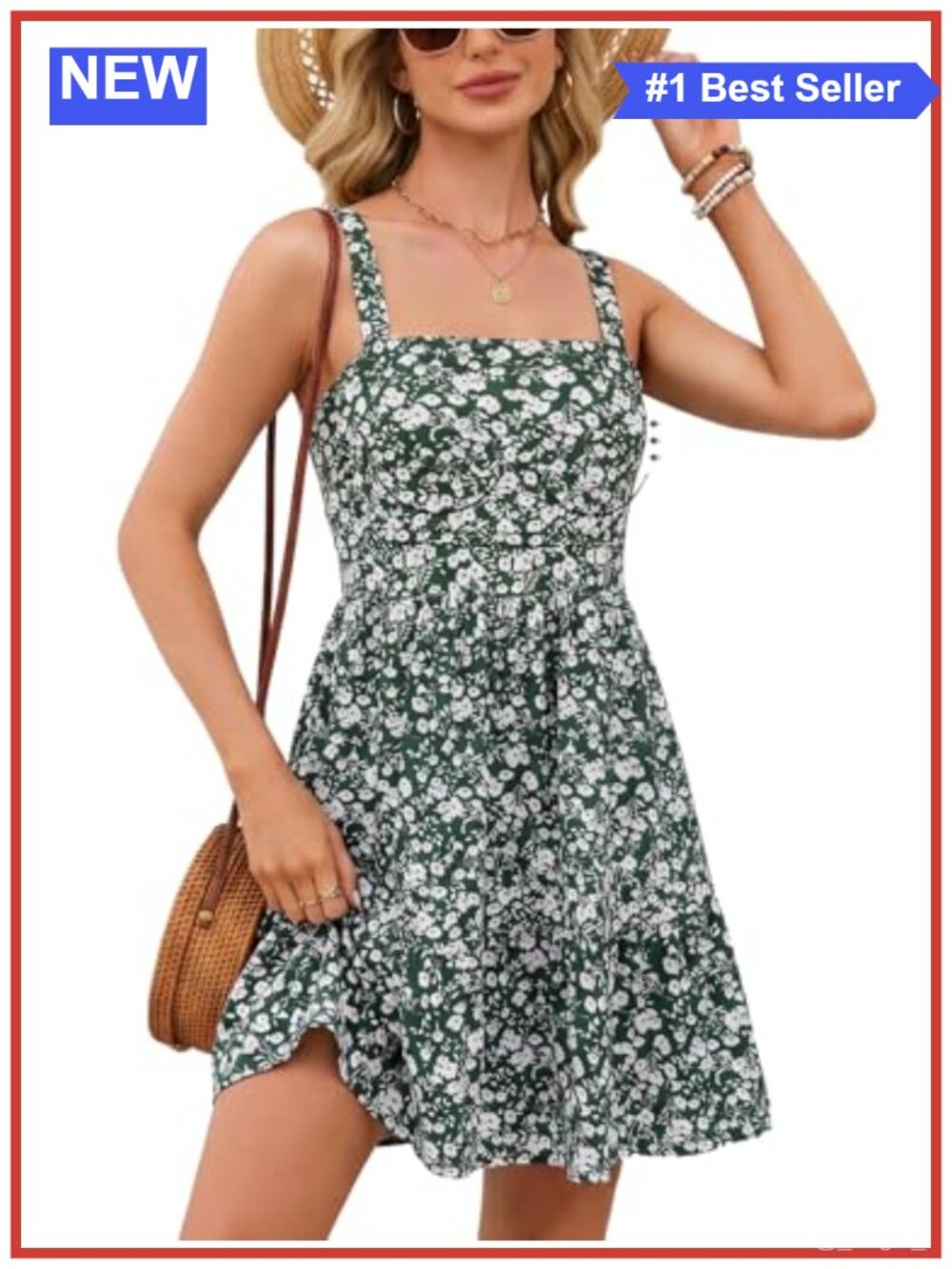 Sundress with Built in Bra Square Neck A-Line Mini Dress Adjustable Straps